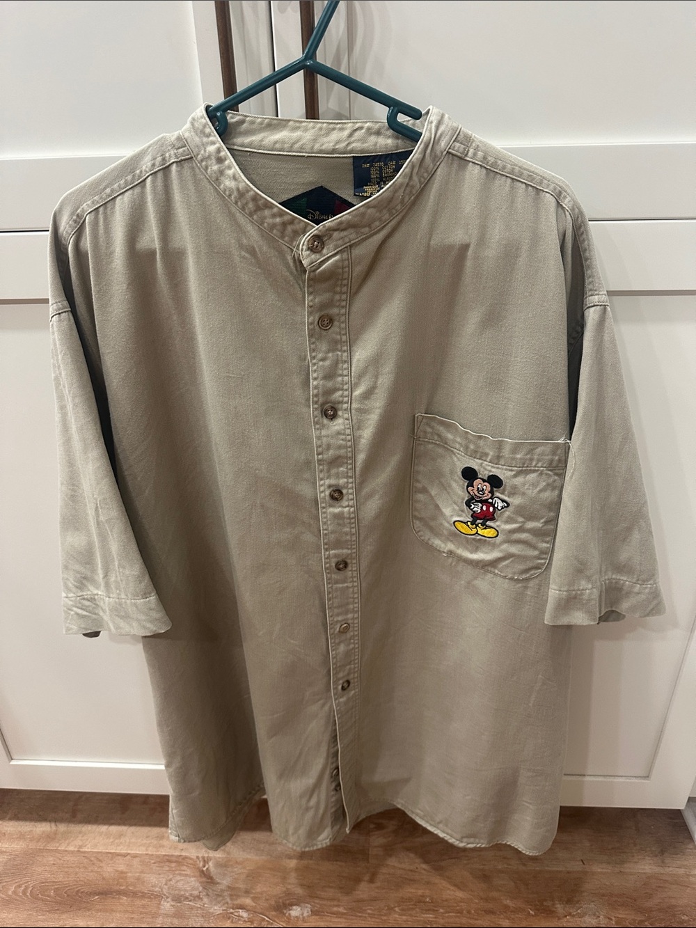 Disney Men’s Khaki Short-Sleeve Band Collar Shirt with Mickey Mouse Pocket XLT